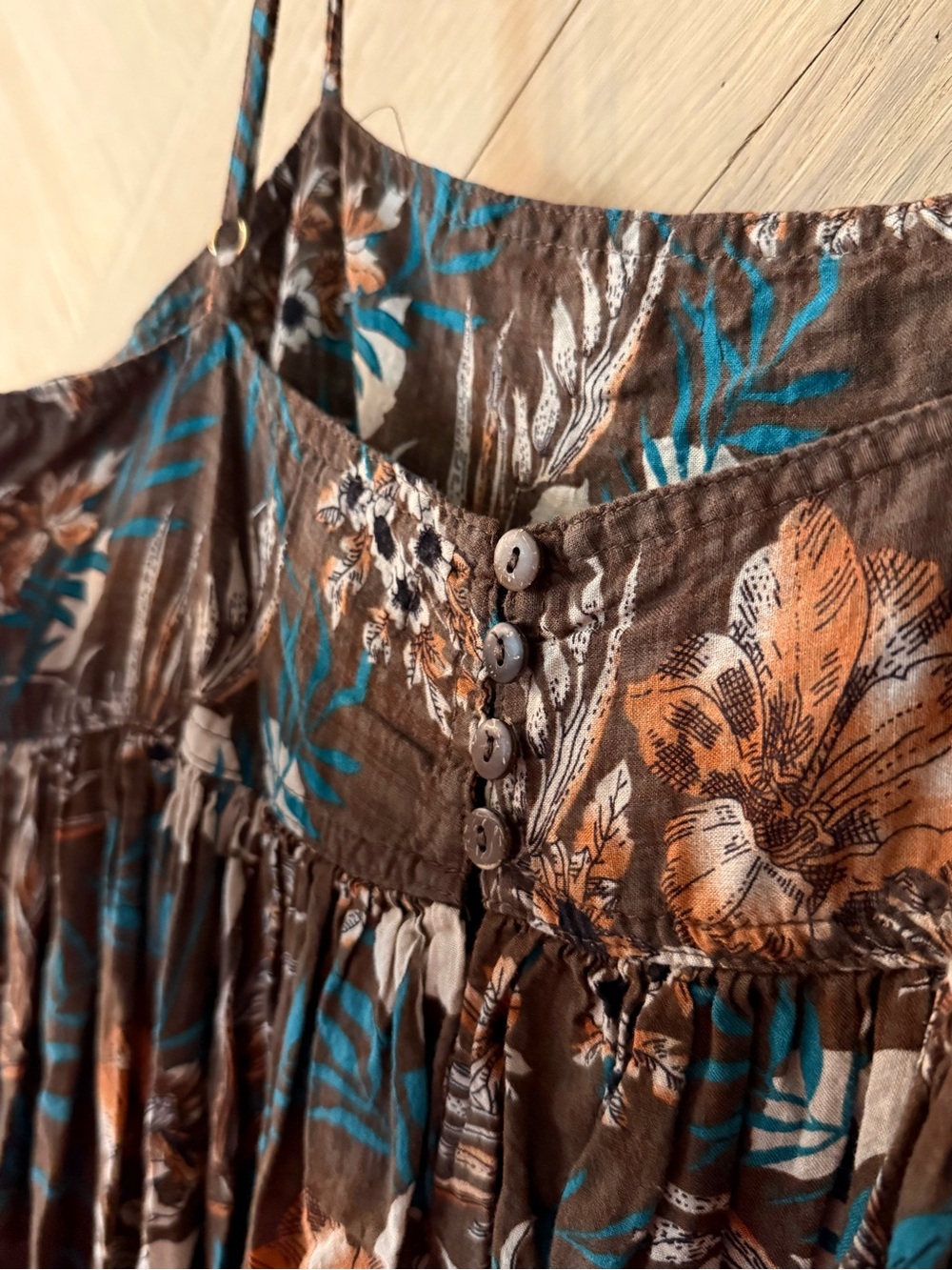 NATURAL LIFE Brown Floral Maxi Dress with Teal and Cream Print - Picture 2 of 4